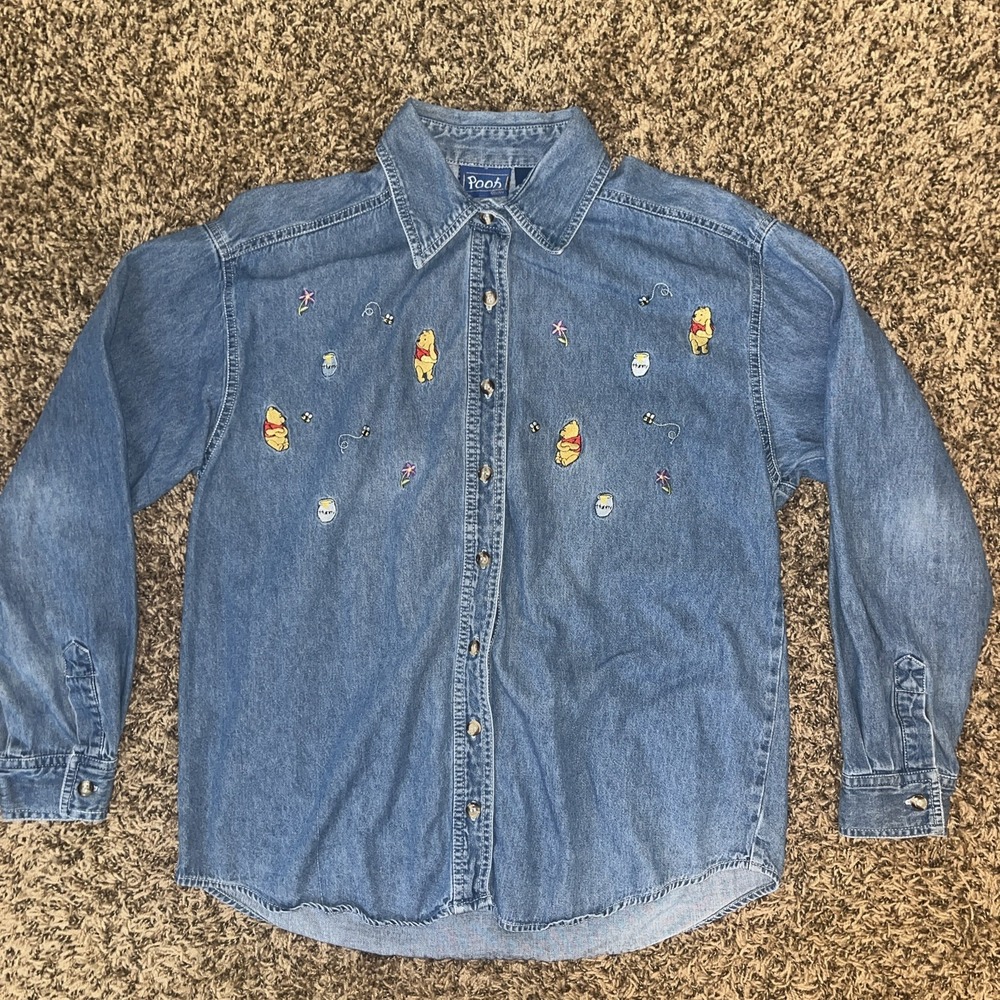 Vintage Disney Shirt Women's M Blue Y2K Denim Winnie The Pooh Embroidered